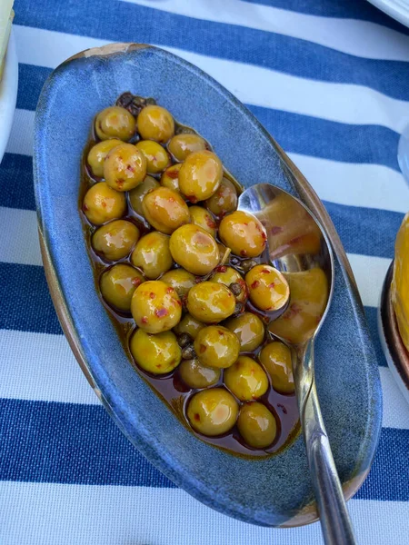 Olive Verdi Piccanti Della Provincia Antakya Servite Presso Ristorante Locale — Foto Stock