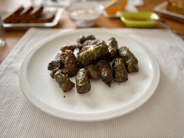 Lezzetli dolma (sarma) doldurulmuş üzüm yaprağı pilav, beyaz yoğurt sosu. Lübnan Dolma Sarması tabakta. Geleneksel yemek.