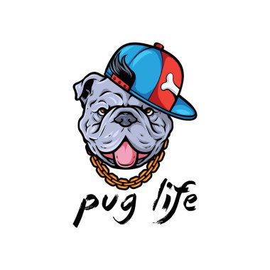 Pug hayatı. El çizimi tipografi poster tasarımı. Premium Vektörü.