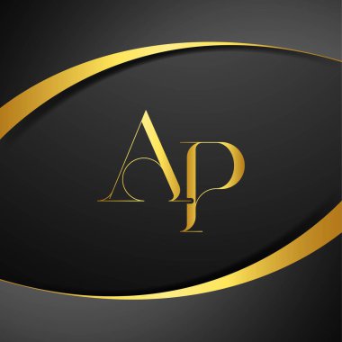 AP lüks mektup logosu. İlk harf kraliyet lüks logo şablonu. Altın rengi ve siyah arkaplan.