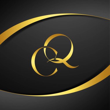 CQ lüks mektup logosu. İlk harf kraliyet lüks logo şablonu. Altın rengi ve siyah arkaplan.
