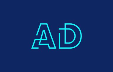 Markalaşma ve grafik tasarımı için uygun minimum mavi renk temalı biçimlendirilmiş A ve D harflerinin yer aldığı yaratıcı tipografi tasviri.