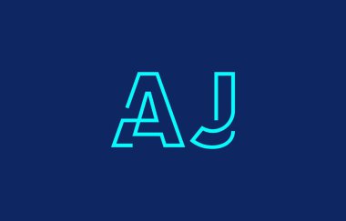 Markalaşma ve grafik tasarımı için uygun minimum mavi renkli A ve J harflerinin yer aldığı yaratıcı tipografinin tasviri.