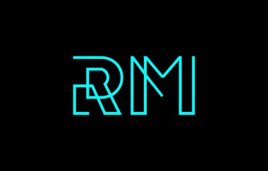 Markalaşma ve grafik tasarımı için uygun, minimal mavi renk temalı stilize harflerle R ve M harflerinin yer aldığı yaratıcı tipografinin tasviri.