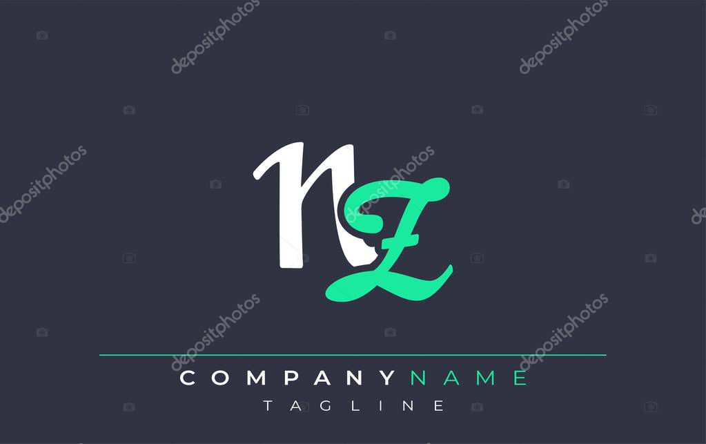 Elegant Stylized NZ Lettering Design. Stylish Modern Logo featuring Monogram Letters in White and Teal Shade