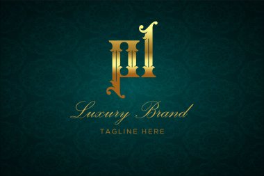 PL LUXURY Mektubu. Koyu yeşil desenli arka planda altın yazı ve dekorasyonlu lüks marka logosu, sofistike ve ayrıcalığı simgeliyor, premium ürünleri, markaları ve üst düzey işletmeleri temsil etmek için mükemmel..