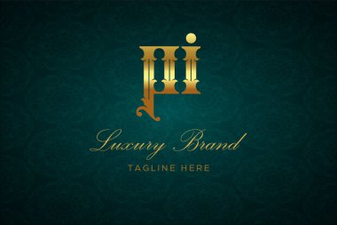 PI LUXURY Mektubu. Koyu yeşil desenli arka planda altın yazı ve dekorasyonlu lüks marka logosu, sofistike ve ayrıcalığı simgeliyor, premium ürünleri, markaları ve üst düzey işletmeleri temsil etmek için mükemmel..