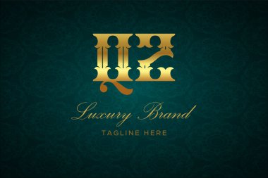 QZ LUXURY Mektubu. Koyu yeşil desenli arka planda altın yazı ve dekorasyonlu lüks marka logosu, sofistike ve ayrıcalığı simgeliyor, premium ürünleri, markaları ve üst düzey işletmeleri temsil etmek için mükemmel..