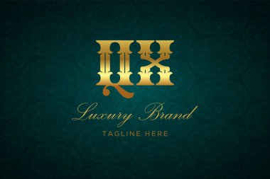QX LUXURY Mektubu. Koyu yeşil desenli arka planda altın yazı ve dekorasyonlu lüks marka logosu, sofistike ve ayrıcalığı simgeliyor, premium ürünleri, markaları ve üst düzey işletmeleri temsil etmek için mükemmel..