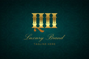 Qu Luxury Mektubu. Koyu yeşil desenli arka planda altın yazı ve dekorasyonlu lüks marka logosu, sofistike ve ayrıcalığı simgeliyor, premium ürünleri, markaları ve üst düzey işletmeleri temsil etmek için mükemmel..