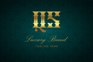 QS LUXURY Mektubu. Koyu yeşil desenli arka planda altın yazı ve dekorasyonlu lüks marka logosu, sofistike ve ayrıcalığı simgeliyor, premium ürünleri, markaları ve üst düzey işletmeleri temsil etmek için mükemmel..
