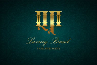 QP Lüksü Mektubu. Koyu yeşil desenli arka planda altın yazı ve dekorasyonlu lüks marka logosu, sofistike ve ayrıcalığı simgeliyor, premium ürünleri, markaları ve üst düzey işletmeleri temsil etmek için mükemmel..