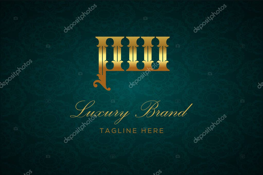 PW LUXURY LETTER. Luxury brand logo featuring gold text and decoration on a dark green patterned background, symbolizing sophistication and exclusivity, perfect for representing premium products, brands, and high-end businesses.