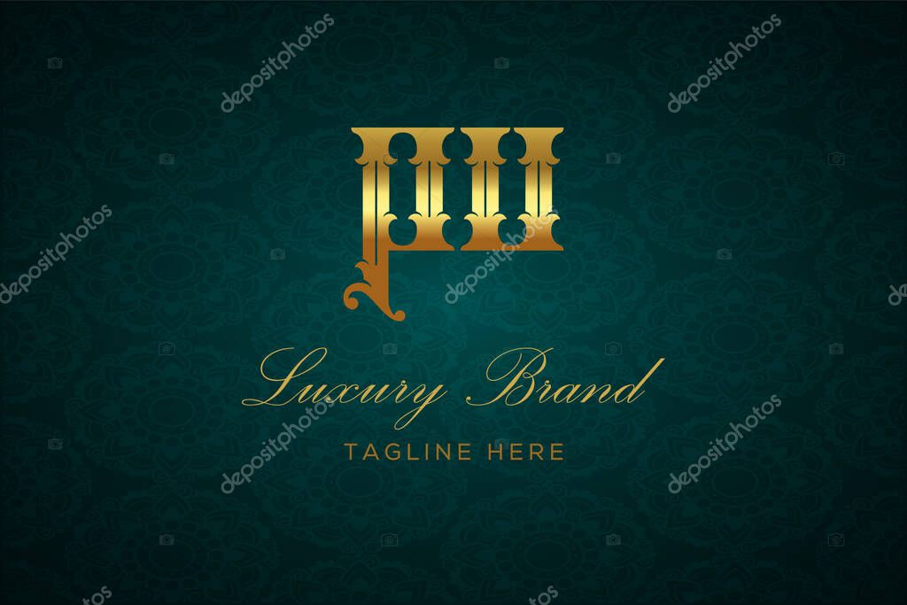 PU LUXURY LETTER. Luxury brand logo featuring gold text and decoration on a dark green patterned background, symbolizing sophistication and exclusivity, perfect for representing premium products, brands, and high-end businesses.