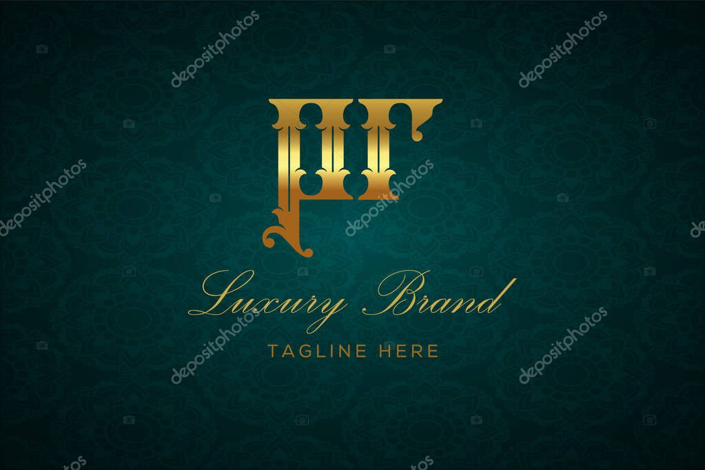 PR LUXURY LETTER. Luxury brand logo featuring gold text and decoration on a dark green patterned background, symbolizing sophistication and exclusivity, perfect for representing premium products, brands, and high-end businesses.