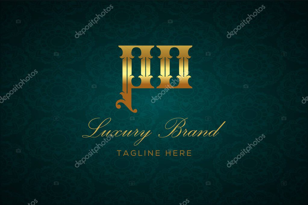PO LUXURY LETTER. Luxury brand logo featuring gold text and decoration on a dark green patterned background, symbolizing sophistication and exclusivity, perfect for representing premium products, brands, and high-end businesses.