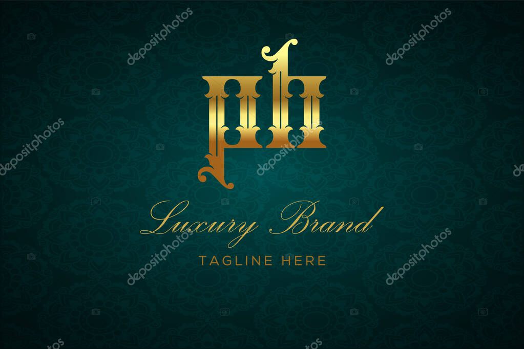 PH LUXURY LETTER. Luxury brand logo featuring gold text and decoration on a dark green patterned background, symbolizing sophistication and exclusivity, perfect for representing premium products, brands, and high-end businesses.