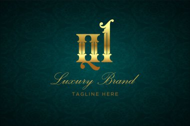 QL LUXURY Mektubu. Koyu yeşil desenli arka planda altın yazı ve dekorasyonlu lüks marka logosu, sofistike ve ayrıcalığı simgeliyor, premium ürünleri, markaları ve üst düzey işletmeleri temsil etmek için mükemmel..