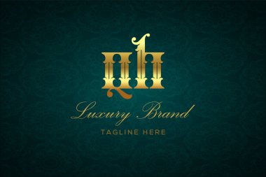 QH LUXURY Mektubu. Koyu yeşil desenli arka planda altın yazı ve dekorasyonlu lüks marka logosu, sofistike ve ayrıcalığı simgeliyor, premium ürünleri, markaları ve üst düzey işletmeleri temsil etmek için mükemmel..