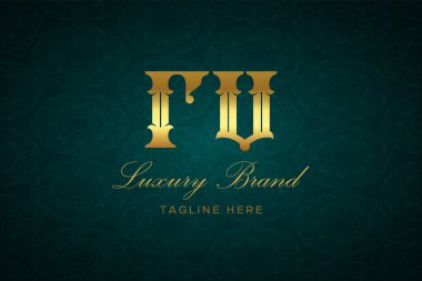 RV LUXURY Mektubu. Koyu yeşil desenli arka planda altın yazı ve dekorasyonlu lüks marka logosu, sofistike ve ayrıcalığı simgeliyor, premium ürünleri, markaları ve üst düzey işletmeleri temsil etmek için mükemmel..