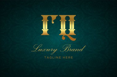 RQ Luxury Harfleri. Koyu yeşil desenli arka planda altın yazı ve dekorasyonlu lüks marka logosu, sofistike ve ayrıcalığı simgeliyor, premium ürünleri, markaları ve üst düzey işletmeleri temsil etmek için mükemmel..