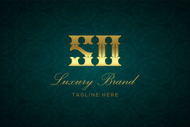 O kadar lüks bir mektup ki. Koyu yeşil desenli arka planda altın yazı ve dekorasyonlu lüks marka logosu, sofistike ve ayrıcalığı simgeliyor, premium ürünleri, markaları ve üst düzey işletmeleri temsil etmek için mükemmel..