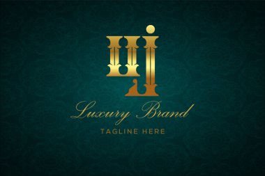 UJ Lüksü Mektubu. Koyu yeşil desenli arka planda altın yazı ve dekorasyonlu lüks marka logosu, sofistike ve ayrıcalığı simgeliyor, premium ürünleri, markaları ve üst düzey işletmeleri temsil etmek için mükemmel..