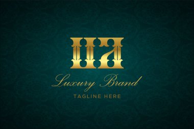 UA Lüksü Mektubu. Koyu yeşil desenli arka planda altın yazı ve dekorasyonlu lüks marka logosu, sofistike ve ayrıcalığı simgeliyor, premium ürünleri, markaları ve üst düzey işletmeleri temsil etmek için mükemmel..