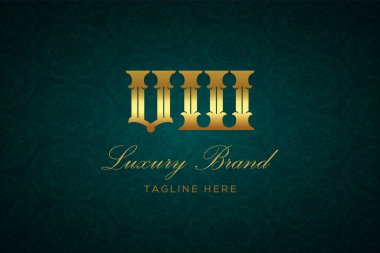 VW LUXURY Mektubu. Koyu yeşil desenli arka planda altın yazı ve dekorasyonlu lüks marka logosu, sofistike ve ayrıcalığı simgeliyor, premium ürünleri, markaları ve üst düzey işletmeleri temsil etmek için mükemmel..