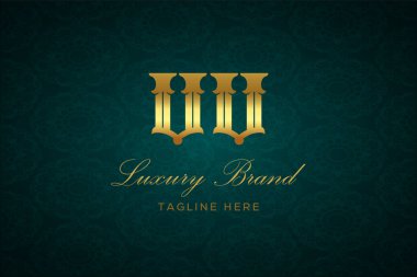 VV LUXURY Mektubu. Koyu yeşil desenli arka planda altın yazı ve dekorasyonlu lüks marka logosu, sofistike ve ayrıcalığı simgeliyor, premium ürünleri, markaları ve üst düzey işletmeleri temsil etmek için mükemmel..