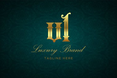 VL LUXURY Mektubu. Koyu yeşil desenli arka planda altın yazı ve dekorasyonlu lüks marka logosu, sofistike ve ayrıcalığı simgeliyor, premium ürünleri, markaları ve üst düzey işletmeleri temsil etmek için mükemmel..