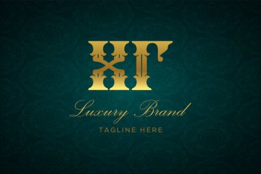XR Lüksü Mektubu. Koyu yeşil desenli arka planda altın yazı ve dekorasyonlu lüks marka logosu, sofistike ve ayrıcalığı simgeliyor, premium ürünleri, markaları ve üst düzey işletmeleri temsil etmek için mükemmel..