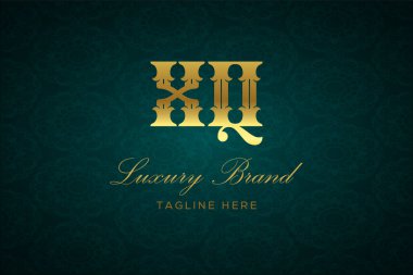XQ Lüksü Mektubu. Koyu yeşil desenli arka planda altın yazı ve dekorasyonlu lüks marka logosu, sofistike ve ayrıcalığı simgeliyor, premium ürünleri, markaları ve üst düzey işletmeleri temsil etmek için mükemmel..