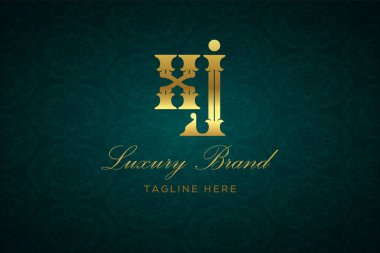 XJ Lüksü Mektubu. Koyu yeşil desenli arka planda altın yazı ve dekorasyonlu lüks marka logosu, sofistike ve ayrıcalığı simgeliyor, premium ürünleri, markaları ve üst düzey işletmeleri temsil etmek için mükemmel..