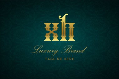 XH Lüksü Mektubu. Koyu yeşil desenli arka planda altın yazı ve dekorasyonlu lüks marka logosu, sofistike ve ayrıcalığı simgeliyor, premium ürünleri, markaları ve üst düzey işletmeleri temsil etmek için mükemmel..