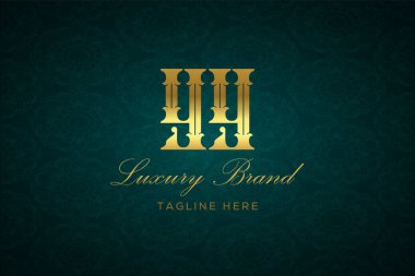 YY LUXURY Mektubu. Koyu yeşil desenli arka planda altın yazı ve dekorasyonlu lüks marka logosu, sofistike ve ayrıcalığı simgeliyor, premium ürünleri, markaları ve üst düzey işletmeleri temsil etmek için mükemmel..