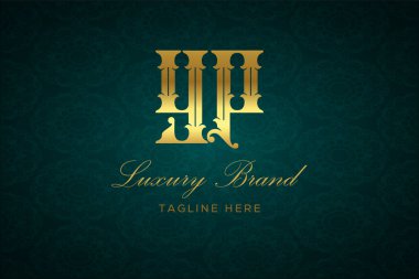 YP Lüksü Mektubu. Koyu yeşil desenli arka planda altın yazı ve dekorasyonlu lüks marka logosu, sofistike ve ayrıcalığı simgeliyor, premium ürünleri, markaları ve üst düzey işletmeleri temsil etmek için mükemmel..