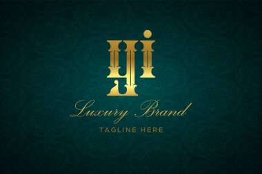 YI LUXURY Mektubu. Koyu yeşil desenli arka planda altın yazı ve dekorasyonlu lüks marka logosu, sofistike ve ayrıcalığı simgeliyor, premium ürünleri, markaları ve üst düzey işletmeleri temsil etmek için mükemmel..