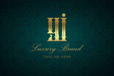 YJ Luxury Mektubu. Koyu yeşil desenli arka planda altın yazı ve dekorasyonlu lüks marka logosu, sofistike ve ayrıcalığı simgeliyor, premium ürünleri, markaları ve üst düzey işletmeleri temsil etmek için mükemmel..