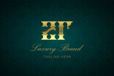 ZR Lüksü Mektubu. Koyu yeşil desenli arka planda altın yazı ve dekorasyonlu lüks marka logosu, sofistike ve ayrıcalığı simgeliyor, premium ürünleri, markaları ve üst düzey işletmeleri temsil etmek için mükemmel..