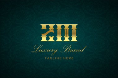 ZM Lüksü Mektubu. Koyu yeşil desenli arka planda altın yazı ve dekorasyonlu lüks marka logosu, sofistike ve ayrıcalığı simgeliyor, premium ürünleri, markaları ve üst düzey işletmeleri temsil etmek için mükemmel..
