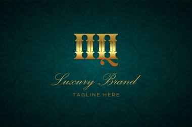 NQ luxury harfli. Koyu yeşil desenli arka planda altın yazı ve dekorasyonlu lüks marka logosu, sofistike ve ayrıcalığı simgeliyor, premium ürünleri, markaları ve üst düzey işletmeleri temsil etmek için mükemmel..