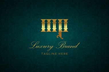 MP Luxury mektubu. Koyu yeşil desenli arka planda altın yazı ve dekorasyonlu lüks marka logosu, sofistike ve ayrıcalığı simgeliyor, premium ürünleri, markaları ve üst düzey işletmeleri temsil etmek için mükemmel..