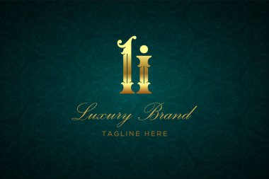 LI LUXURY Mektubu. Koyu yeşil desenli arka planda altın yazı ve dekorasyonlu lüks marka logosu, sofistike ve ayrıcalığı simgeliyor, premium ürünleri, markaları ve üst düzey işletmeleri temsil etmek için mükemmel..