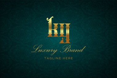 KY Lüksü Mektubu. Koyu yeşil desenli arka planda altın yazı ve dekorasyonlu lüks marka logosu, sofistike ve ayrıcalığı simgeliyor, premium ürünleri, markaları ve üst düzey işletmeleri temsil etmek için mükemmel..