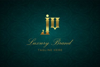 JV LUXURY Mektubu. Koyu yeşil desenli arka planda altın yazı ve dekorasyonlu lüks marka logosu, sofistike ve ayrıcalığı simgeliyor, premium ürünleri, markaları ve üst düzey işletmeleri temsil etmek için mükemmel..