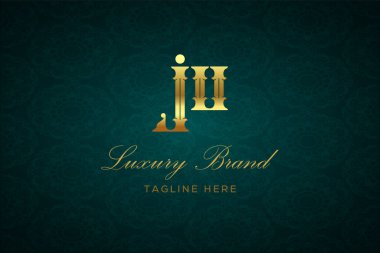 Ju Luxury Mektubu. Koyu yeşil desenli arka planda altın yazı ve dekorasyonlu lüks marka logosu, sofistike ve ayrıcalığı simgeliyor, premium ürünleri, markaları ve üst düzey işletmeleri temsil etmek için mükemmel..