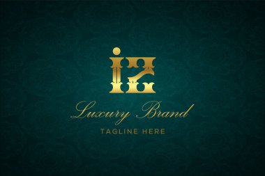 İZ LUXURY Mektubu. Koyu yeşil desenli arka planda altın yazı ve dekorasyonlu lüks marka logosu, sofistike ve ayrıcalığı simgeliyor, premium ürünleri, markaları ve üst düzey işletmeleri temsil etmek için mükemmel..