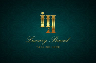 Luxury Harfleri. Koyu yeşil desenli arka planda altın yazı ve dekorasyonlu lüks marka logosu, sofistike ve ayrıcalığı simgeliyor, premium ürünleri, markaları ve üst düzey işletmeleri temsil etmek için mükemmel..