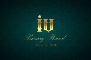 IV luxury harfi. Koyu yeşil desenli arka planda altın yazı ve dekorasyonlu lüks marka logosu, sofistike ve ayrıcalığı simgeliyor, premium ürünleri, markaları ve üst düzey işletmeleri temsil etmek için mükemmel..